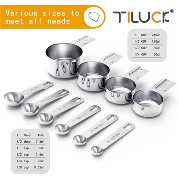 10 Pieces Stainless Steel Measuring Cups & Spoons Set, Kitchen Cooking Baking - Picture 2 of 6